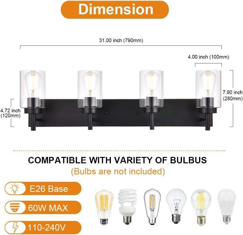 Photo 1 of ** (PARTS) VINLUZ 4 Lights Bathroom Vanity Light Fixture Black Sconces Wall Lighting with Clear Glass Shade Modern Industrial Indoor Wall Mounted Lamp, Farmhouse Lighting for Kitchen (Patent No.: US D958,438 S)