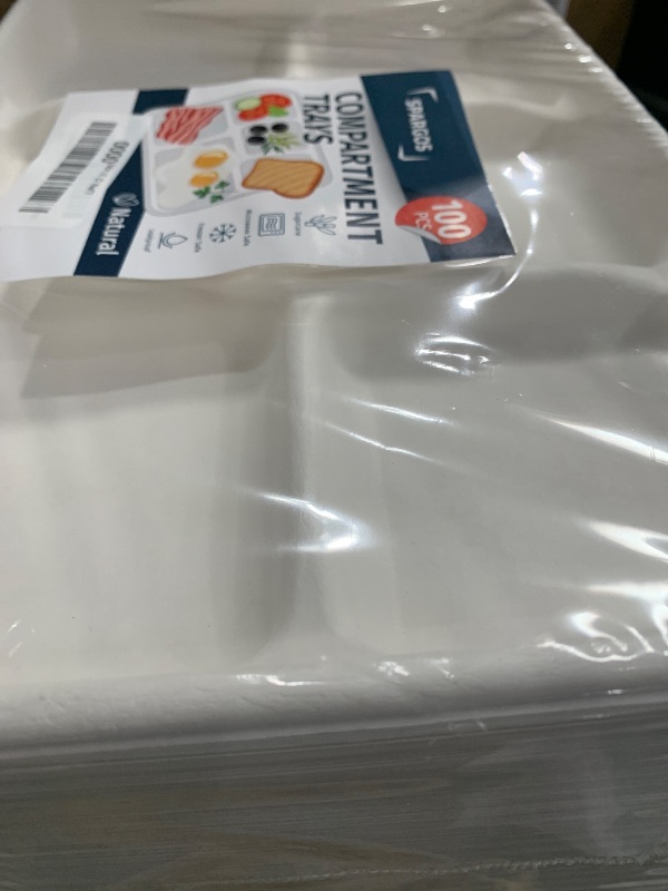 Photo 1 of 5 Compartment Plates Disposable Heavy Duty (100 Pack) Trays 12.5" x 8.6" - Sugarcane School Trays - Disposable Plates with Compartments Sectioned - Environmentally-Friendly Paper Dividers