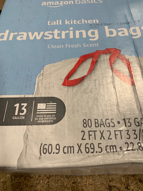 Photo 1 of Amazon Basics 13 Gallon Tall Kitchen Drawstring Trash Bags, Clean Fresh Scent, 10% Post Consumer Recycled, 80 count