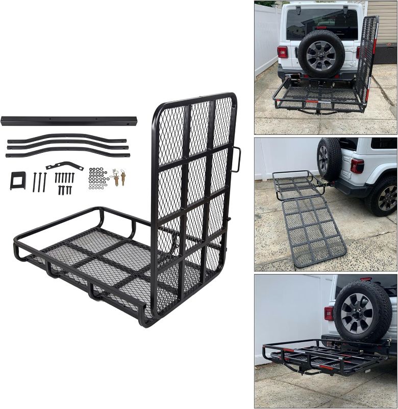 Photo 1 of  Hitch Mount Wheelchair Carrier with Mobility Ramp for Wheelchair Scooter Lawn Mower Snow Blower Hauler 500lb Capacity Basket-Style