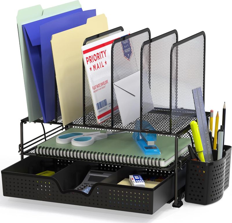 Photo 1 of 
Simple Houseware Mesh Desk Organizer with Sliding Drawer, Double Tray and 5 Upright