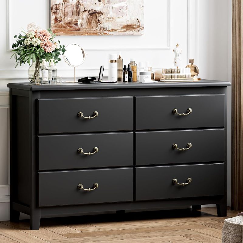 Photo 1 of  Black Dresser for Bedroom, Modern 6 Drawer Double Dresser with Vintage Gold Antique Handles, Wood Chest of Drawers for Bedroom Hallway, Antique Black