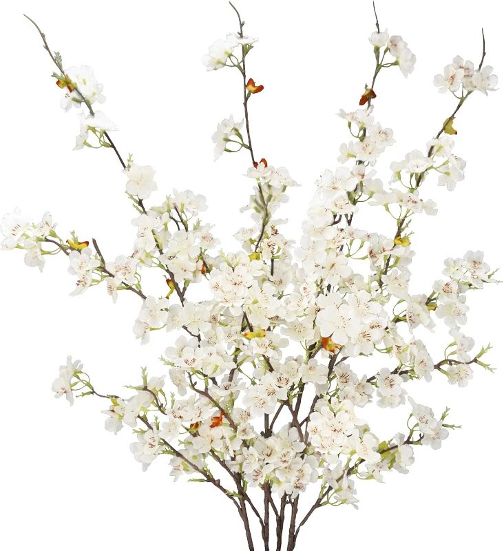 Photo 1 of 4pcs Artificial Cherry Blossom Flower Branches, 39.4" Fake Silk Pink Cherry Blossom Tree Stems Faux Cherry Flowers Vase Arrangements for Home Wedding Table Centerpieces Vase DIY Decor, White
