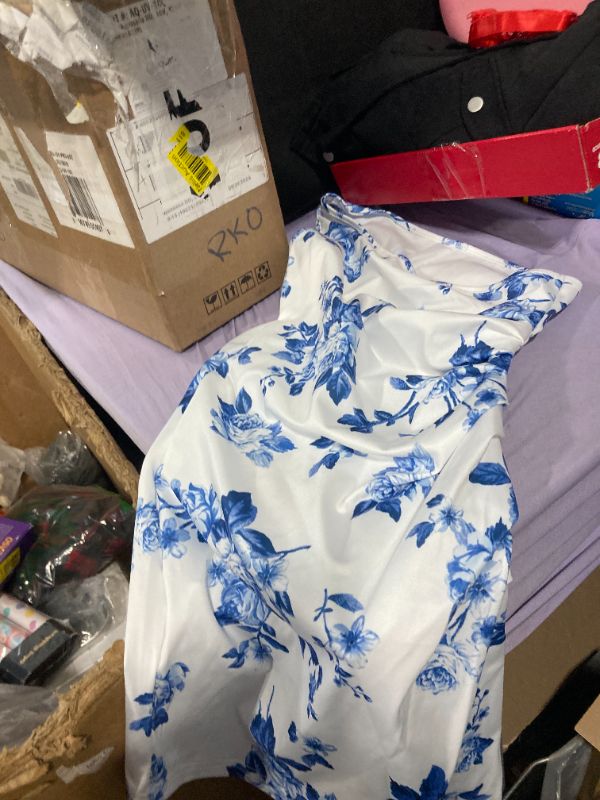 Photo 1 of Floerns Women's One Shoulder Boho Floral Print Sleeveless Ruched Side Bodycon Mini Short Dress Blue and White Small