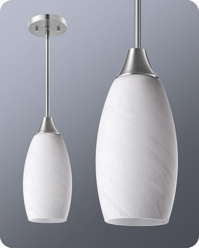Photo 1 of ***MISSING ROD***EDISHINE Pendant Light Fixture, Handcrafted Art Glass Hanging Light, Hardwired Ceiling Light, White Marble Glass Shade, Adjustable Brushed Nickel Rods, E26 Base, Pendant Lamp for Kitchen Bathroom Bar