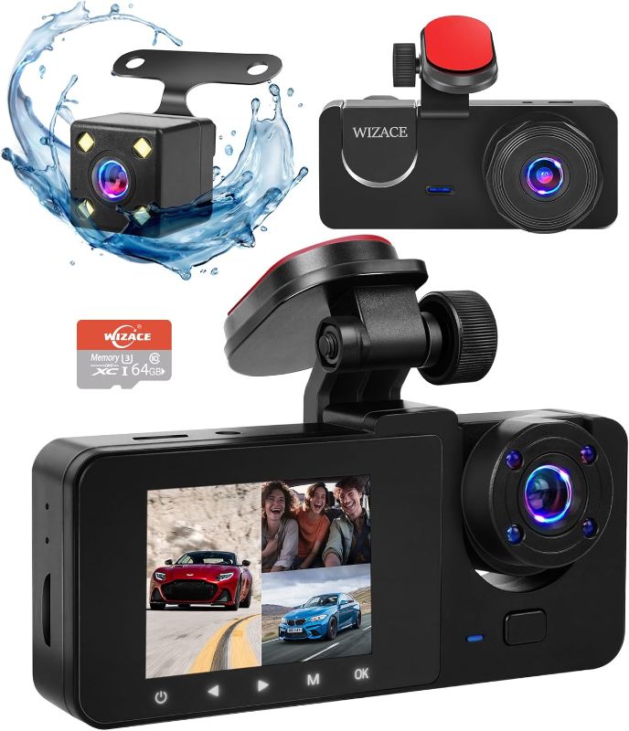 Photo 1 of 3 Channel Dash Cam Front and Rear Inside with 64GB Card, WIZACE1080P Dash Camera for Cars, Dashcam Three Way Triple Car Camera with IR Night Vision, Loop Recording, G-Sensor, HDR, 24 Hours Recording
