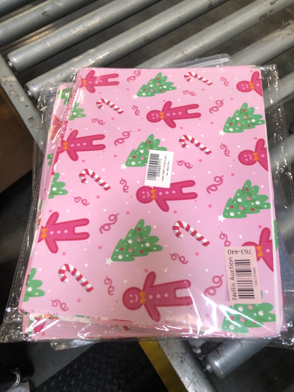 Photo 1 of 12 Sheets Pink Christmas Wrapping Paper, 20x27in Gift Wrap Paper with Christmas Tree, Snowman, Santa, Truck, Gingerbread Man Patterns for Xmas DIY Art Craft & Party Decor