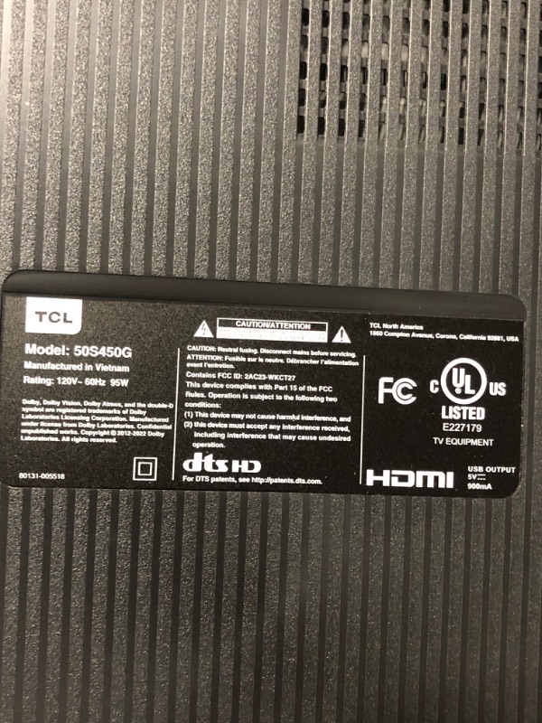 Photo 1 of ** ONLY PARTS ** TCL 50-Inch Class S4 4K LED Smart TV with Google (50S450G, 2023 Model), Dolby Vision, HDR Pro, Atmos, Assistant Built-in Voice Remote, Works Alexa, Streaming UHD Television