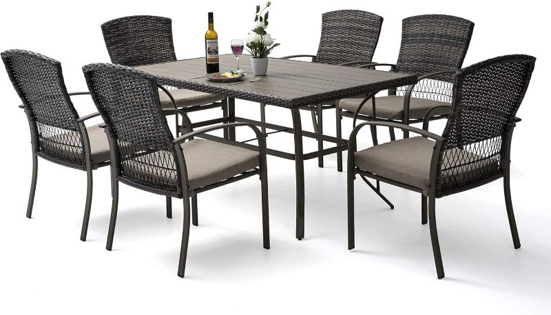 Photo 1 of Pamapic 8504 Patio Dining, Outdoor Wicker Furniture Backyard Garden Deck Poolside/Iron Slats Table Top, Beige
