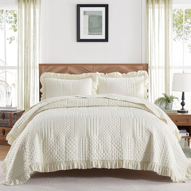 Photo 1 of ***Stock photo is a similar item*** DJY Gray Cal King Set Ruffled Quilt Set 3 Pieces Ultrasonic Quilt with Classic Patchwork Pattern Soft Microfiber Reversible Bedspread All Seasons Bedding Set 112"x96"