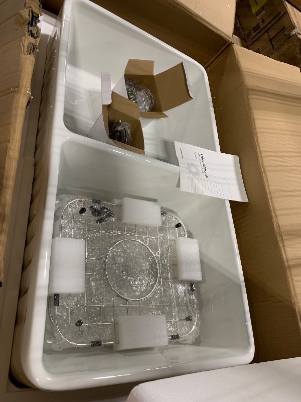 Photo 1 of 33 inch fireclay farmhouse sink hausinluck double bowl 50/50 apron front farm kitchen sink reversible white farmhouse ceramic porcelain kitchen sink with 2 stainless steel grids and 2 drains