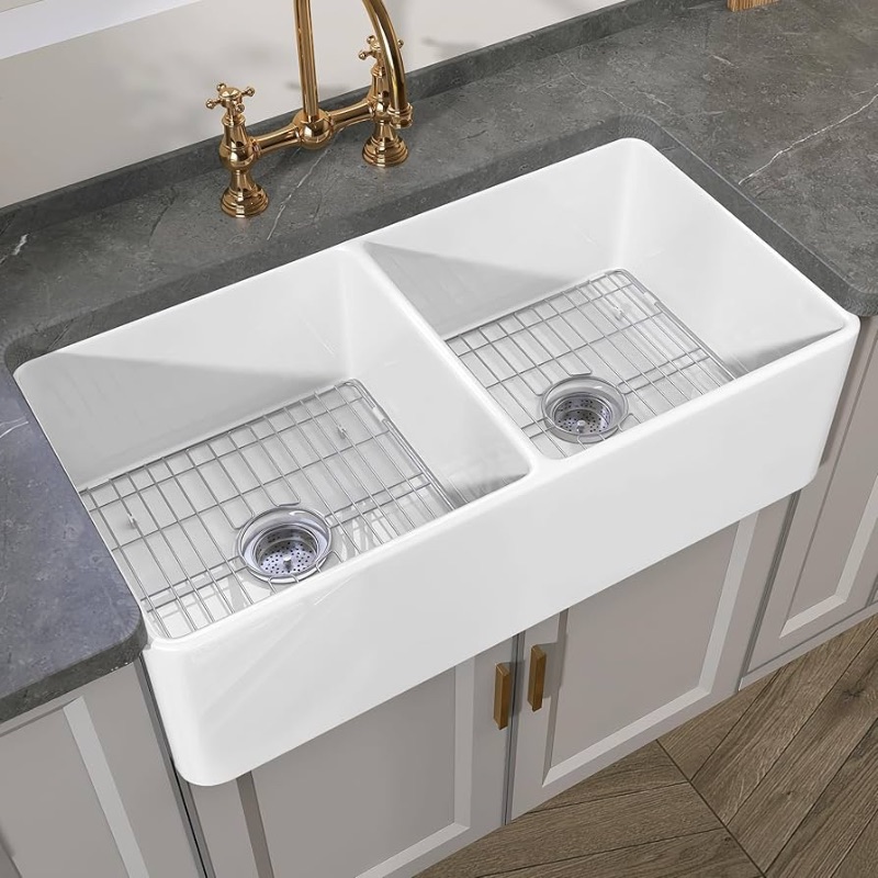 Photo 1 of 33 inch fireclay farmhouse sink hausinluck double bowl 50/50 apron front farm kitchen sink reversible white farmhouse ceramic porcelain kitchen sink with 2 stainless steel grids and 2 drains