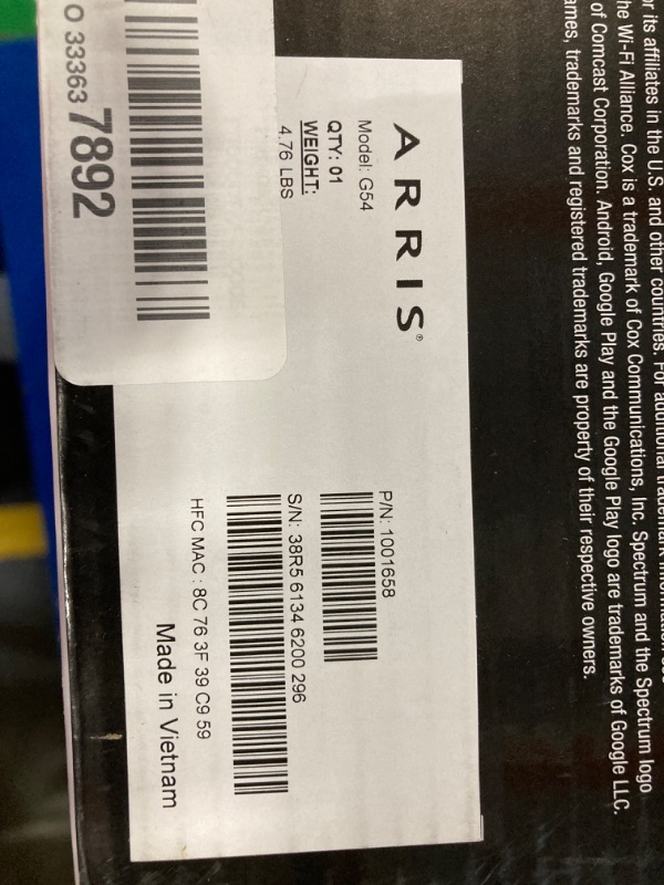 Photo 1 of ARRIS (G54) - Cable Modem Router Combo - Fast DOCSIS 3.1 Multi-Gigabit & BE 18000 WiFi 7 Comcast Xfinity, Cox, Spectrum Quad-Band 1, Up to 18 Gbps Max Speed