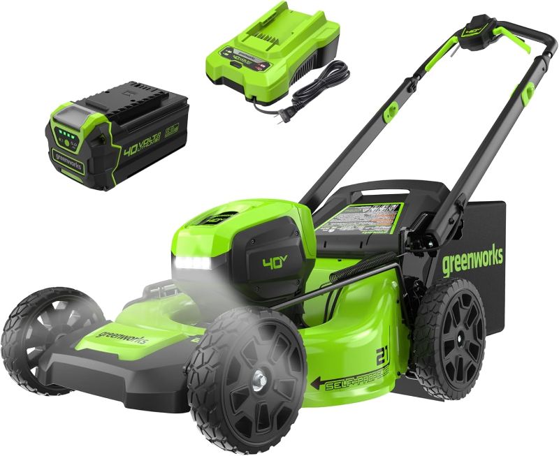 Photo 1 of Greenworks 40V 21" Brushless Cordless (Self-Propelled) Lawn Mower (LED Headlight + Aluminum Handles), 5.0Ah Battery and Charger Included (75+ Compatible Tools)
