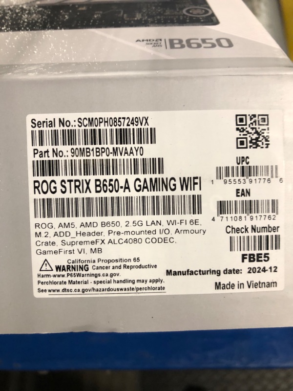 Photo 1 of ASUS ROG Strix B650-A Gaming WiFi 6E AM5 (LGA1718) Ryzen 7000 Motherboard(12+2 Power Stages,DDR5,3xM.2 Slots,PCIe® 4.0, 2.5G LAN,WiFi 6E,USB 3.2 Gen 2x2 Type-C® Port). 