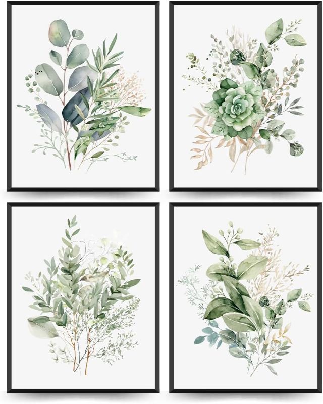 Photo 1 of ArtbyHannah Bathroom Wall Art Set of 4 Botanical Wall Decor Green Plant Picture Frame Prints for Home Bedroom Restroom Decoration (Black, 10x10)