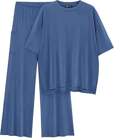 Photo 1 of PRETTYGARDEN Women's 2 Piece Outfits Casual Short Sleeve Pullover Tops and Wide Leg Pants Lounge Sets Tracksuits
