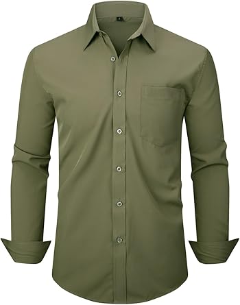 Photo 1 of corfty Men Long Sleeve Dress Shirt - Regular Fit Stretch Free-Wrinkle Casual Button Down Shirt
