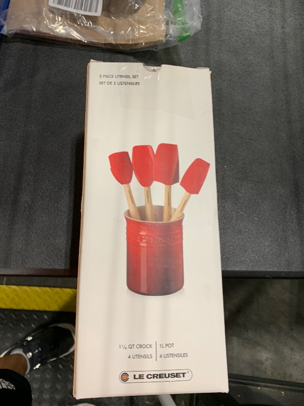 Photo 1 of *broken glass* Le Creuset Silicone Craft Series Utensil Set with Stoneware Crock, 5 pc., Cerise