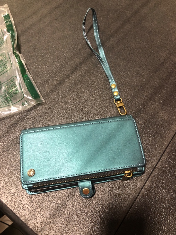 Photo 1 of Defencase Compatible with iPhone XR Case Wallet with RFID Blocking Card Holder for Women Men, Fashion PU Leather Magnetic Snap Flip Zipper Strap Wallet Phone Case Fit for iPhone XR 6.1", Blue Green