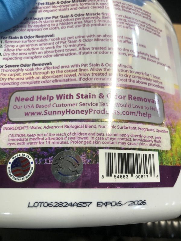 Photo 1 of *** FACTORY SEALED***Sunny & Honey Pet Stain & Odor Miracle - Enzyme Cleaner for Dog Urine & Cat Pee - Pet Odor & Stain Remover Spray for Carpet, Mattress, Furniture - Carpet Cleaner (32 Fl Oz, Light Lavender Scent)