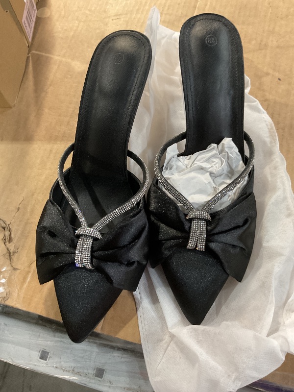 Photo 1 of (See all images) Coutgo Womens Bow Heels Mules Pointed Closed Toe Sandals Rhinestone Satin Backless Wedding Shoes, Black, Size 8.5