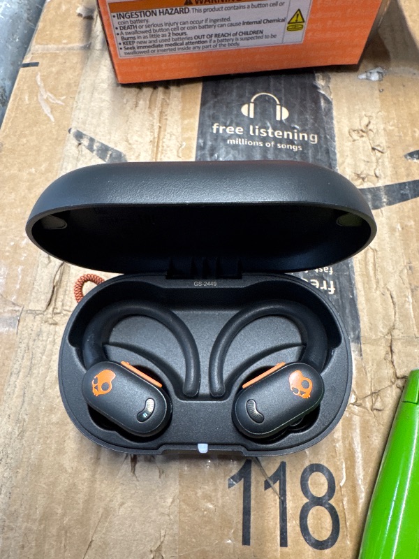 Photo 1 of (left only functional) kullcandy Push ANC Active Wireless Earbuds, Bluetooth Headphones, Noise Cancelling, 58 Hours Battery, Secure-Fit Over-Ear Hanger, Sweat and Waterproof, Microphone for iPhone Android - Black/Orange