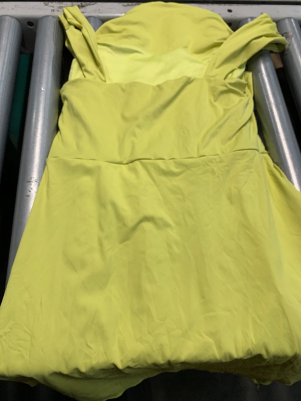 Photo 1 of (LARGE) HESUUIO Women Sleeveless Mini Dress Sexy Elegant Square Neck Slit Ruffle Bodycon Short Graduation Party Dress Yellow Green L