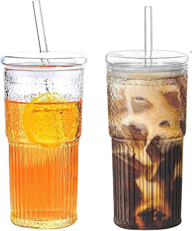 Photo 1 of (PARTIAL SET) VITEVER 20 OZ Glass Cups with Bamboo Lids and Glass Straw - Beer Shaped Drinking Glasses Set, Iced Coffee Glasses, Cute Tumbler Cup, Aesthetic Coffee Bar Accessories, Gift - 2 Pack