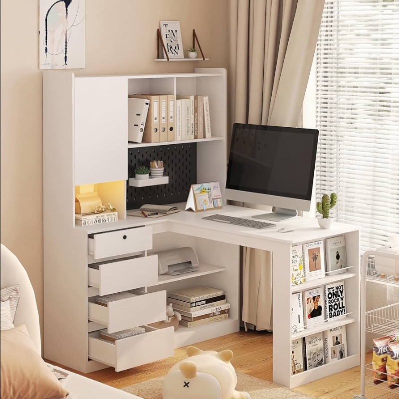 Photo 1 of (incomplete)(missing box 2)Home Office Corner Desk with Hutch, L Shaped Desk with Drawers and Bookshelf, Modern Study Table Writing Desk 