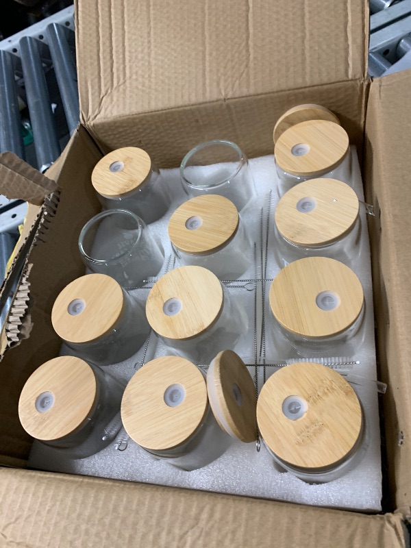 Photo 1 of [ 12pcs Set ] Glass Cups with Bamboo Lids and Glass Straw - Beer Shaped Drinking Glasses, 16 oz Iced Coffee Glasses, Cute Tumbler Cup for Smoothie, Boba Tea, Whiskey, Water - 4 Cleaning Brushes