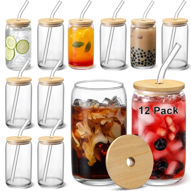 Photo 1 of [ 12pcs Set ] Glass Cups with Bamboo Lids and Glass Straw - Beer Shaped Drinking Glasses, 16 oz Iced Coffee Glasses, Cute Tumbler Cup for Smoothie, Boba Tea, Whiskey, Water - 4 Cleaning Brushes