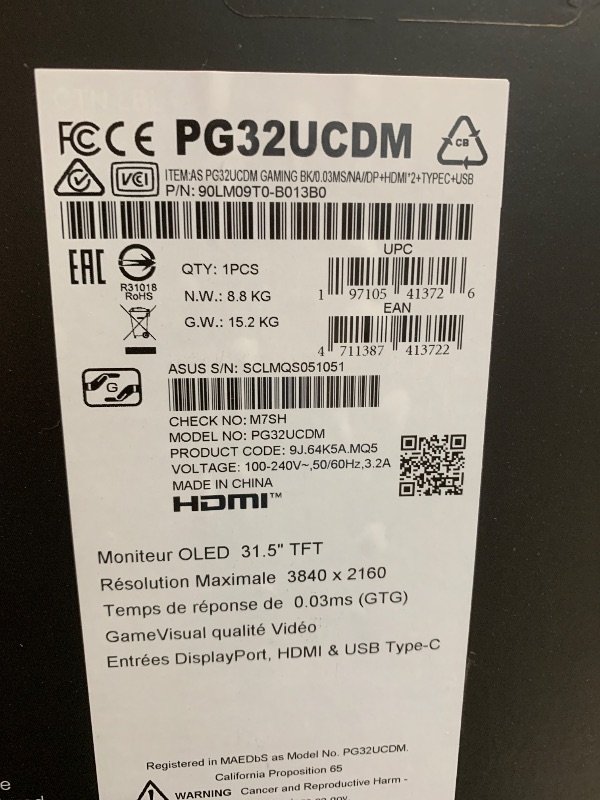 Photo 1 of (Untested)(see all images) (Missing power brick) ASUS ROG Swift 32” 4K OLED Gaming Monitor (PG32UCDM) - UHD (3840 x 2160), QD-OLED, 240Hz, 0.03ms, G-SYNC Compatible, Custom Heatsink, Graphene Film