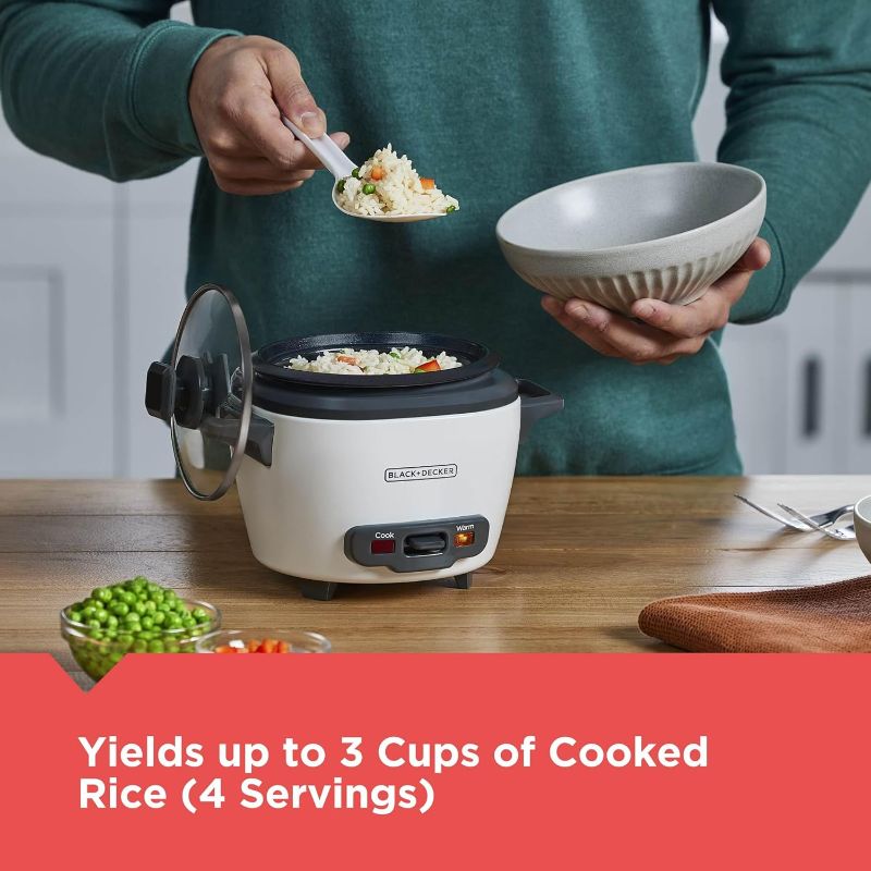 Photo 1 of (POWER TESTED) (SMALL) BLACK+DECKER 3-Cup Rice Cooker, 1.5-cup Uncooked Rice, 3 Cups Cooked, Steaming Basket, Removable Non-Stick Bowl, One Touch