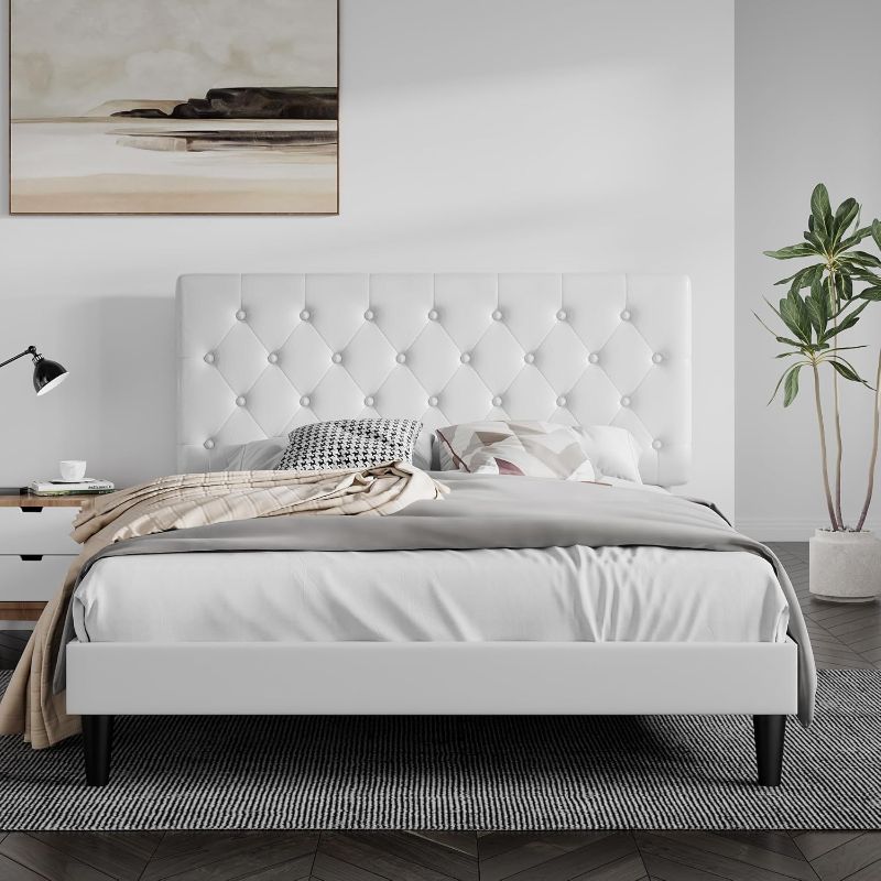 Photo 1 of *** TRUCK OR TRAILER PICK UP ONLY*** Queen Size Bed Frame with Button Tufted Headboard, Faux Leather Upholstered Mattress Foundation, Platform Bed Frame, Wooden Slat Support, No Box Spring Needed, White