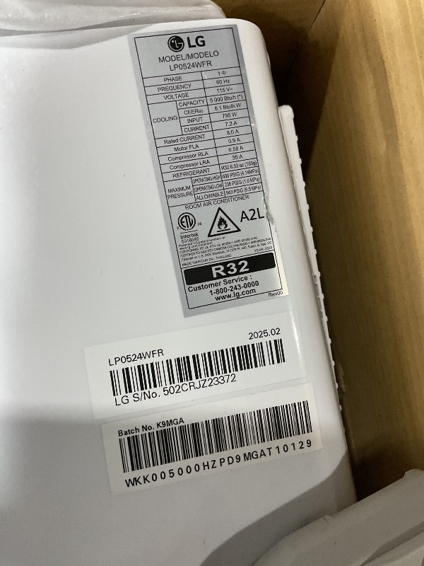 Photo 1 of (Damaged)(not functional)(parts only) LG LP0524WFR Portable Air Conditioner w/Remote, Cools 150 Sq.Ft, Quiet Operation, 115V, 5,000 BTU (7700 ASHRAE), White