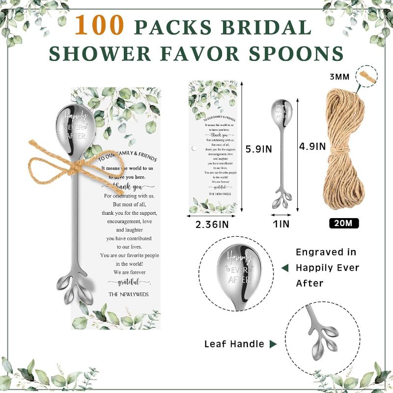 Photo 1 of (TARNISHED) Tioncy 100 Pcs Bridal Shower Favors Tea Spoons 4.9 Inch Silver Stainless Steel Leaf Dessert Teaspoon Coffee Tea Party Favors with Thank You Cards and Rope for Gift Bridal Shower Guests Wedding