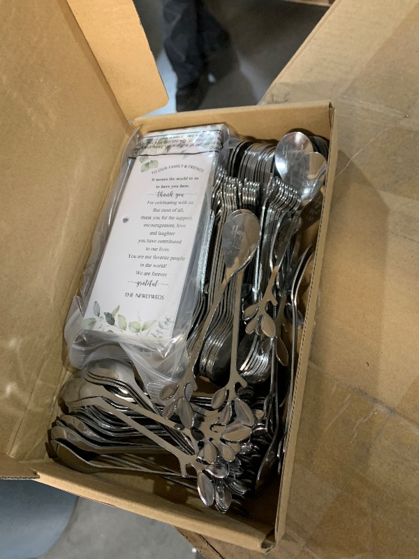 Photo 1 of (TARNISHED) Tioncy 100 Pcs Bridal Shower Favors Tea Spoons 4.9 Inch Silver Stainless Steel Leaf Dessert Teaspoon Coffee Tea Party Favors with Thank You Cards and Rope for Gift Bridal Shower Guests Wedding