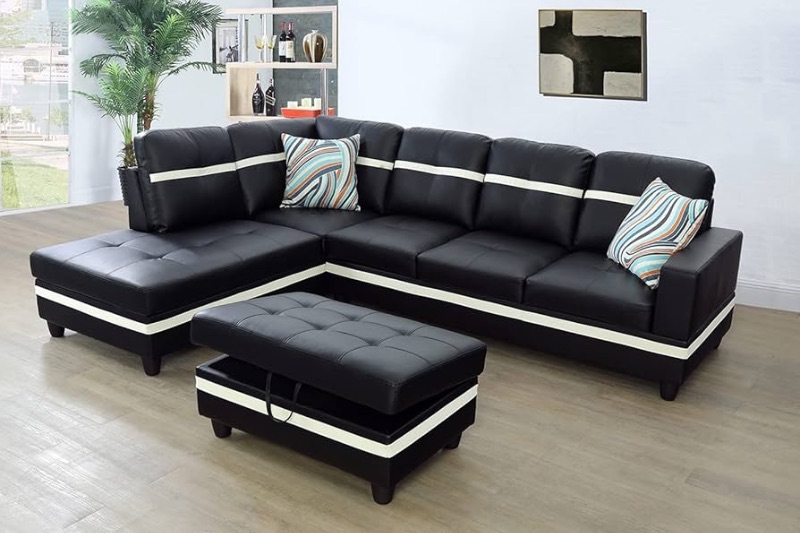 Photo 1 of ****PARTIAL SET*** USED***Black Leather Sectional Couch for Living Room Set,Sectional Sofa L Shape Couch with Storage Ottoman/Black+White Side Faux Leather/Facing Left Chaise