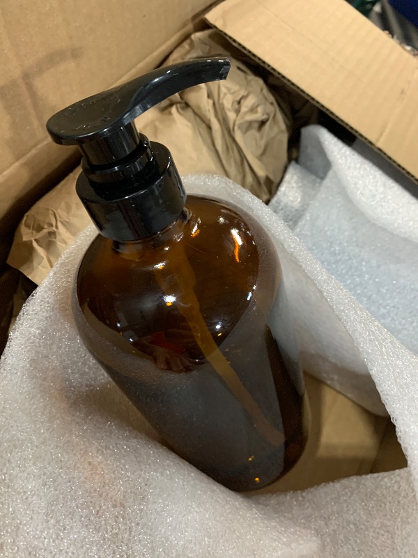 Photo 1 of (see images) 32 Ounce Glass Pump Dispenser Bottle, Large Amber Container with Pump for Shower and Bath Shampoo Soap Conditioner Lotion 