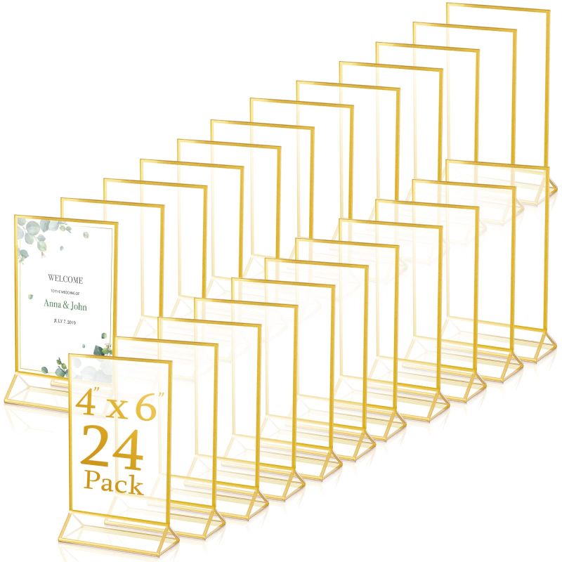 Photo 1 of 24 Pack Gold Frames Clear Acrylic Double Sided Frames Display Signs Holder Bulk with Stand 2 mm Gold Border for Table Numbers Wedding Restaurant Office Home Photo(Vertical,4 x 6 Inch)