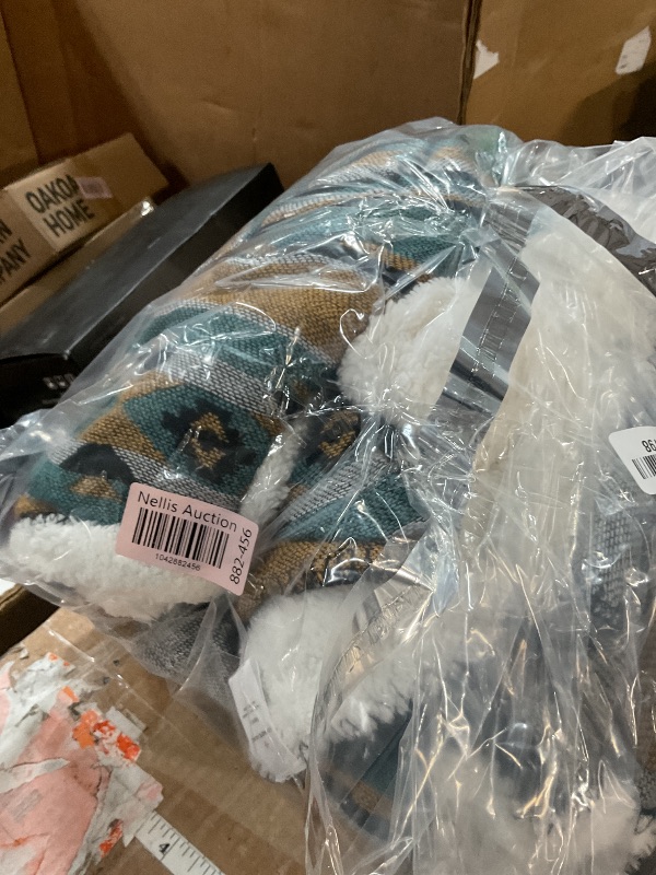 Photo 1 of Aztec Patterned Throw Blanket with Soft Sherpa Lining, Traditional Southwestern Navajo Tribal Style Warm Throw for Camping, Outdoor, Light Weight Cozy Boho Blanket for Couch, Sofa, Bed, 50”x60”, Teal