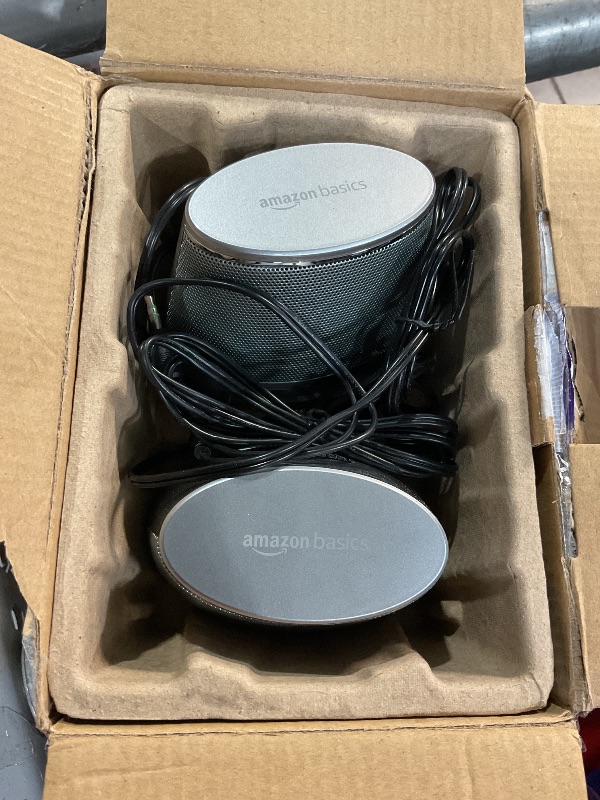 Photo 1 of (Used) Amazon Basics Stereo 2.0 Speakers for PC or Laptop with Volume Control, 3.5mm Aux input, USB-Powered, 1 Pair, Silver