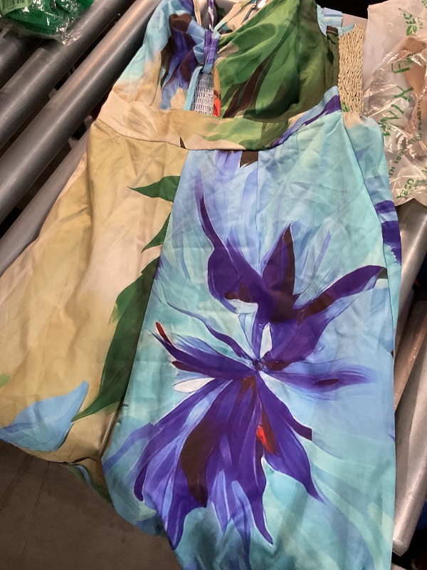 Photo 1 of (See images) Velius Women's V Neck Keyhole Elegant Backless Tropical Floral Print Wide Leg Jumpsuit(Blue,Small)