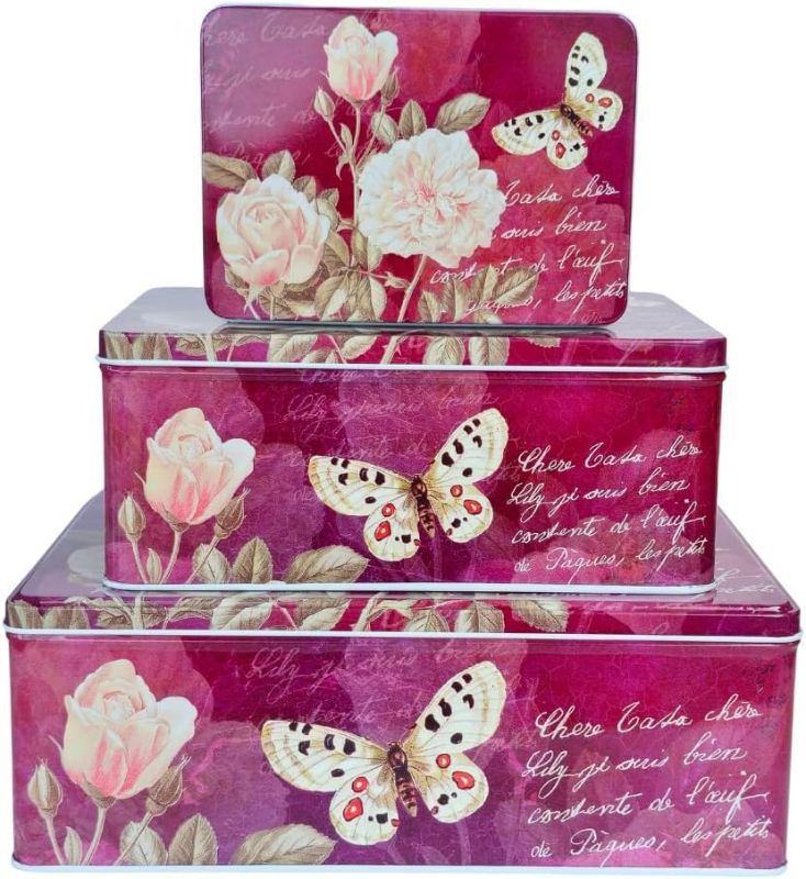 Photo 1 of (DENTED) hadaaya Pack of 3 Rectangle Cookie Tins With Lids Multipurpose Tin Container for Cookies,Candies, Kitchen Storage, Stationery - BURGUNDY FLORAL BUTTERFLY