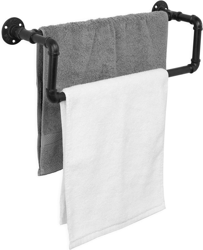 Photo 1 of (Incomplete)MyGift Industrial Metal Matte Black Towel Bar with Realistic Pipe Design, 2 Tier Wall Mount 