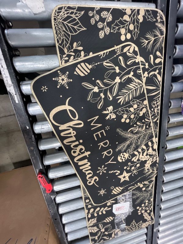 Photo 1 of ***(WRITTING IN GOLD/ STOCK PHOTO FOR REFERENCE ONLY)***DIYDEC Christmas Kitchen Rugs Set of 2 Black Xmas Kitchen Mats for Winter Floor Decor Holly Pine Branches Leaves Merry Christmas Kitchen Rugs for Kitchen Farmhouse Bedroom Decorations