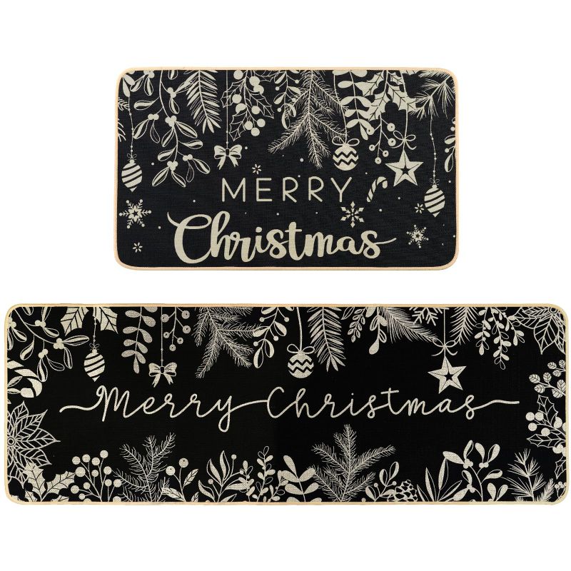 Photo 1 of ***(WRITTING IN GOLD/ STOCK PHOTO FOR REFERENCE ONLY)***DIYDEC Christmas Kitchen Rugs Set of 2 Black Xmas Kitchen Mats for Winter Floor Decor Holly Pine Branches Leaves Merry Christmas Kitchen Rugs for Kitchen Farmhouse Bedroom Decorations