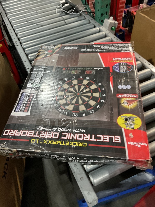 Photo 1 of (missing power cord) Arachnid Cricket Maxx 1.0 Electronic Dartboard Cabinet Set - Walnut Finish Doors - 34 Game Types with 183 Variations - Up to 8 Players - Includes Six Soft Tip Darts