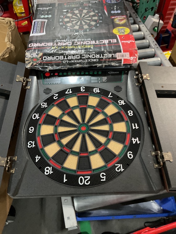 Photo 1 of (missing power cord) Arachnid Cricket Maxx 1.0 Electronic Dartboard Cabinet Set - Walnut Finish Doors - 34 Game Types with 183 Variations - Up to 8 Players - Includes Six Soft Tip Darts